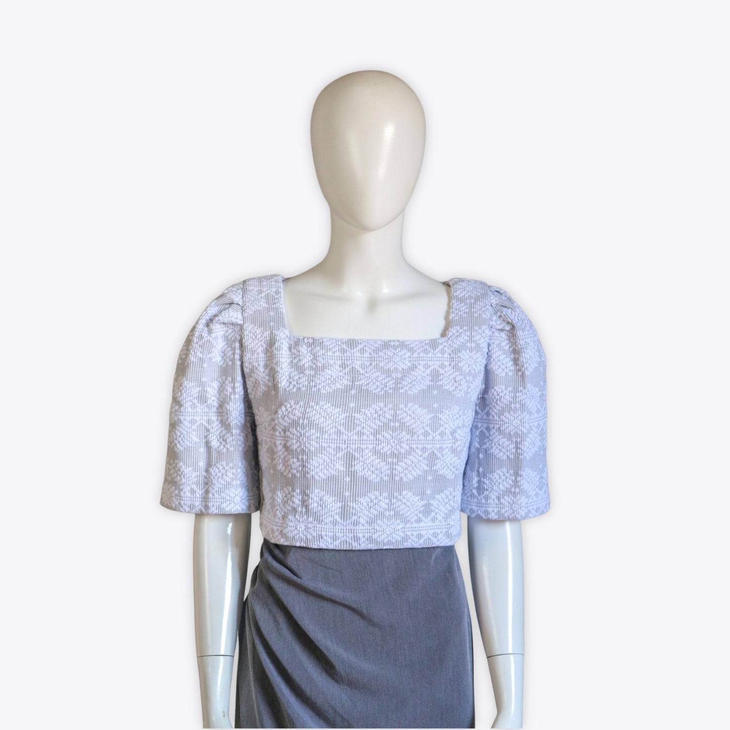 Clara Casual Filipiniana Inabel Top (Grey/White)